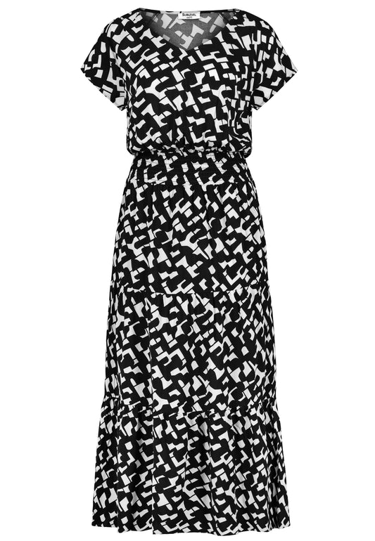 Kleid, maxi, kurze Raglanärmel, V-A, graphics: racing green-ivory white