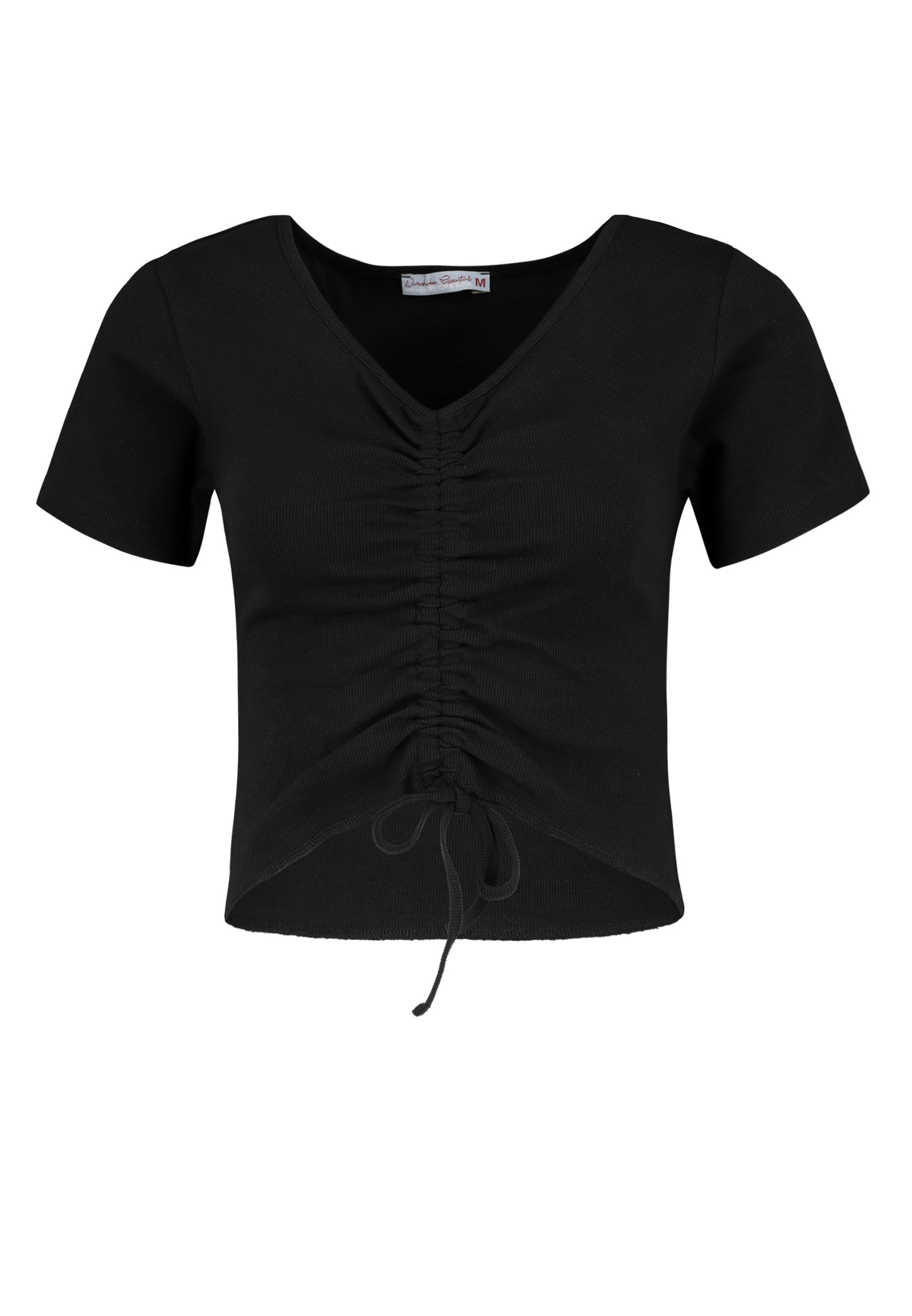 Shirt, kurzarm, V-Ausschnitt mit piping, Tunnelzug in vorderer mitte mit raffung undschleife, vorderteil kürzer, babyoverlock an saum