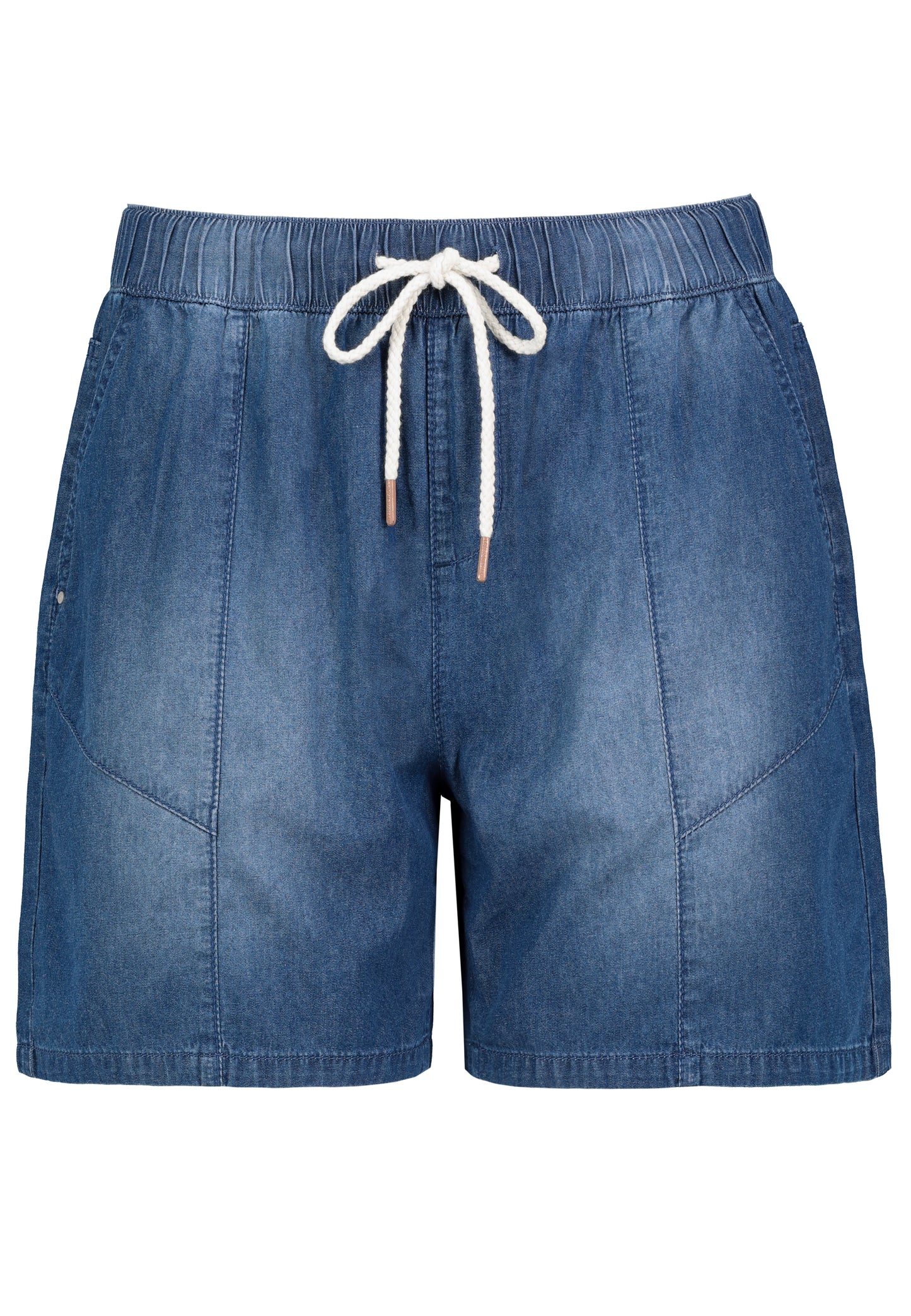 Denim, schräge Eingrifftaschen, Passe, Taschen hinten,Gummibund mit String, brush,stone wash