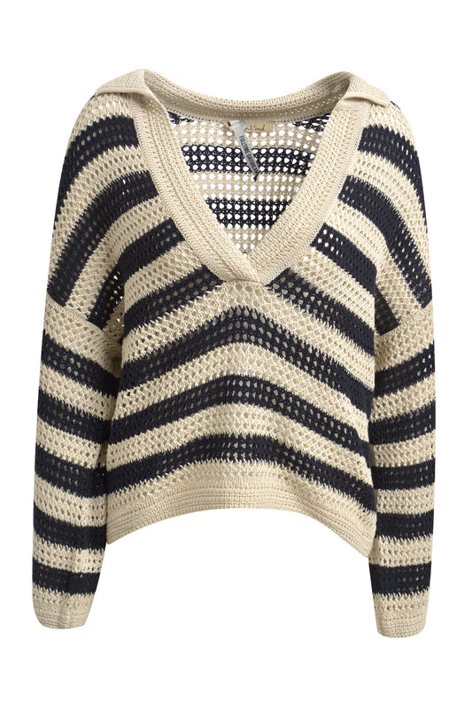 Striped Crochet Polo Collar Pullover
