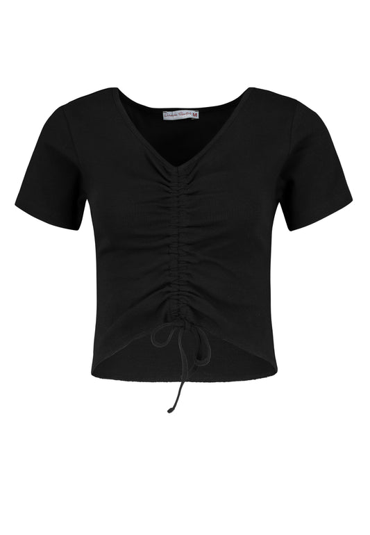 Shirt, kurzarm, V-Ausschnitt mit piping, Tunnelzug in vorderer mitte mit raffung undschleife, vorderteil kürzer, babyoverlock an saum