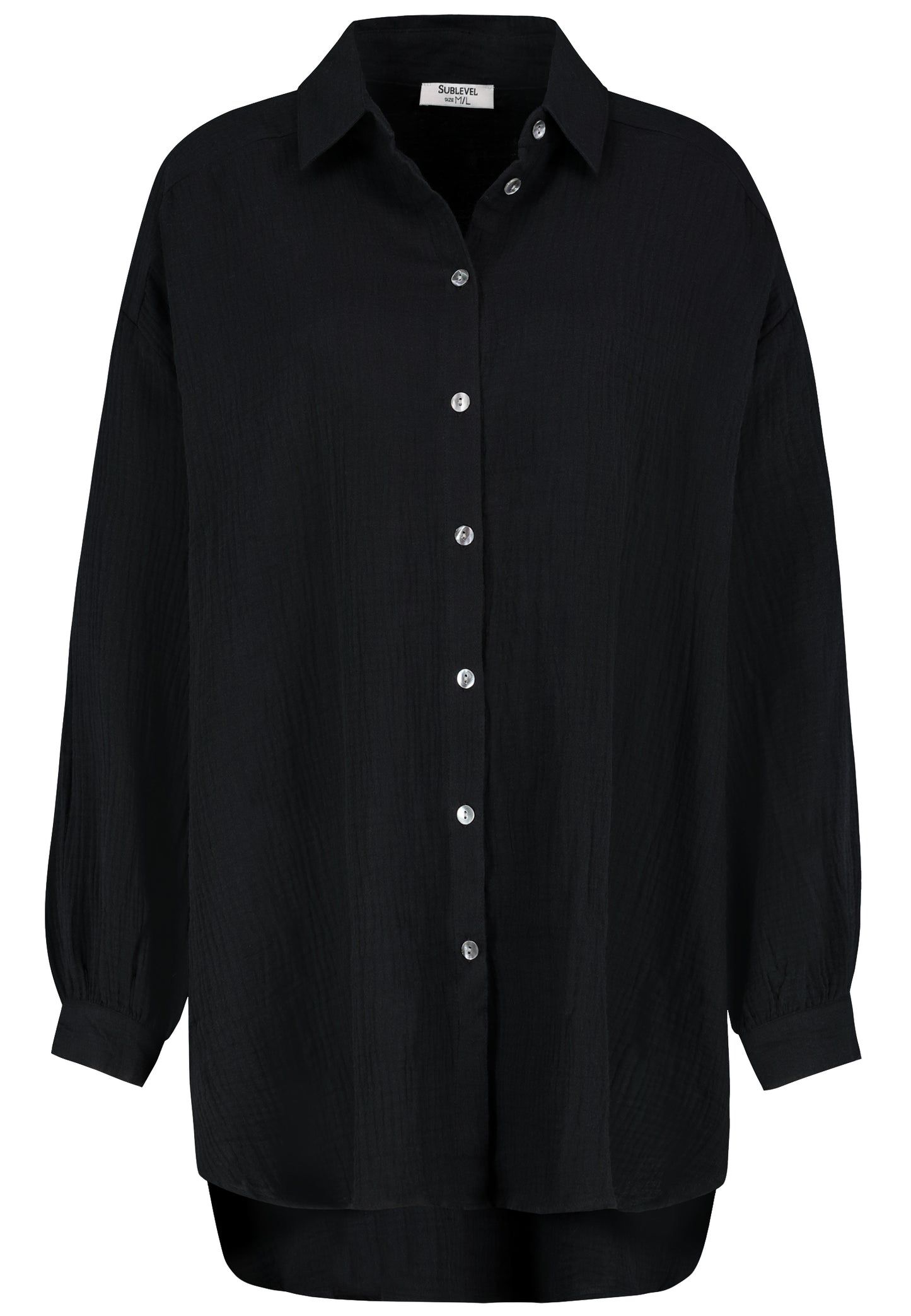 DOB LONG-Bluse, Oversize, überschnittene Schulter,Hemdkragen, Knopfleiste, Passe im Rückteil mit Überlappung, gerundeter Saum